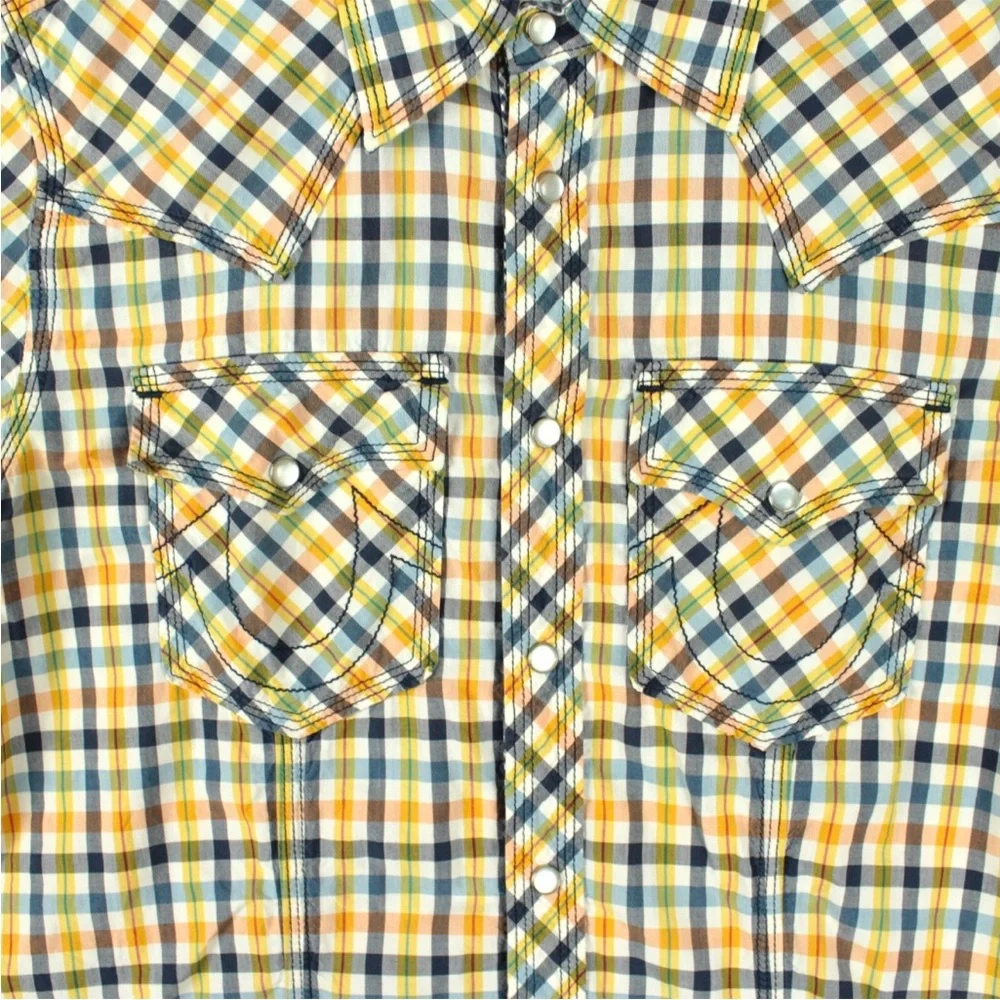 True Religion Men Western Plaid Pearl Snap Short Sleeve Shirt size S Yellow